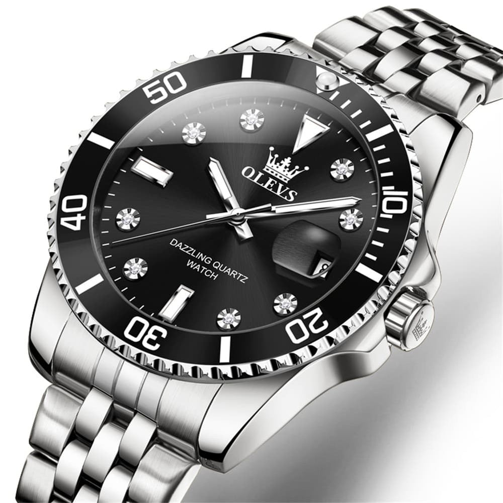 OLEVS 9809 Rotating Bezel Diamond Dial Stainless Steel Quartz Watch for Men - Silver Red Watch | Olevs Watch Store