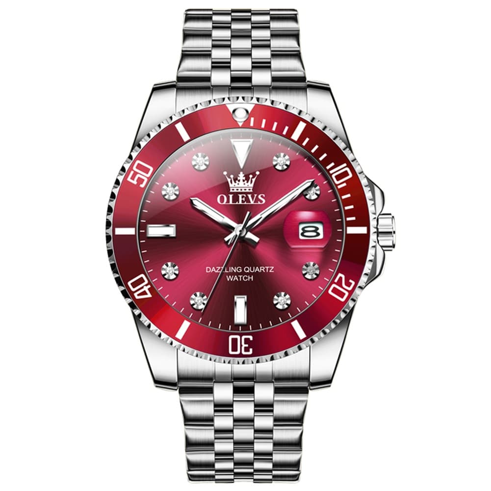 OLEVS 9809 Rotating Bezel Diamond Dial Stainless Steel Quartz Watch for Men - Silver Red Watch | Olevs Watch Store