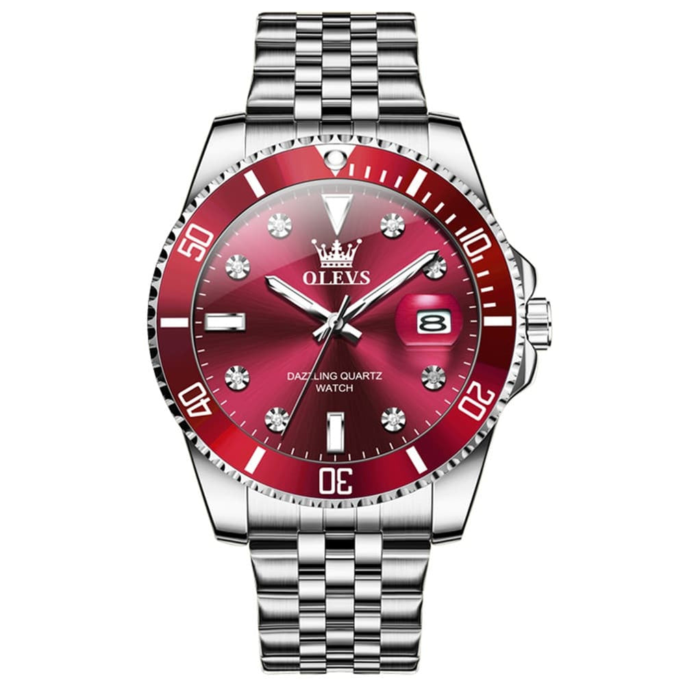 OLEVS 9809 Rotating Bezel Diamond Dial Stainless Steel Quartz Watch for Men - Silver Red Watch | Olevs Watch Store