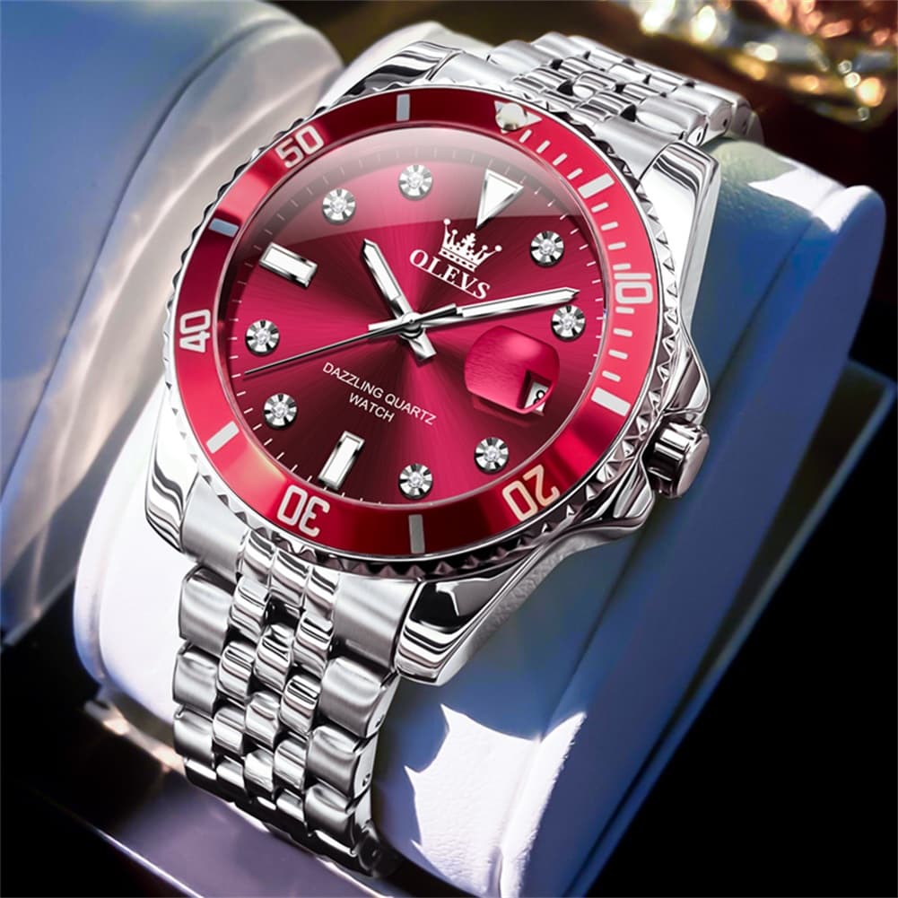 OLEVS 9809 Rotating Bezel Diamond Dial Stainless Steel Quartz Watch for Men - Silver Red Watch | Olevs Watch Store