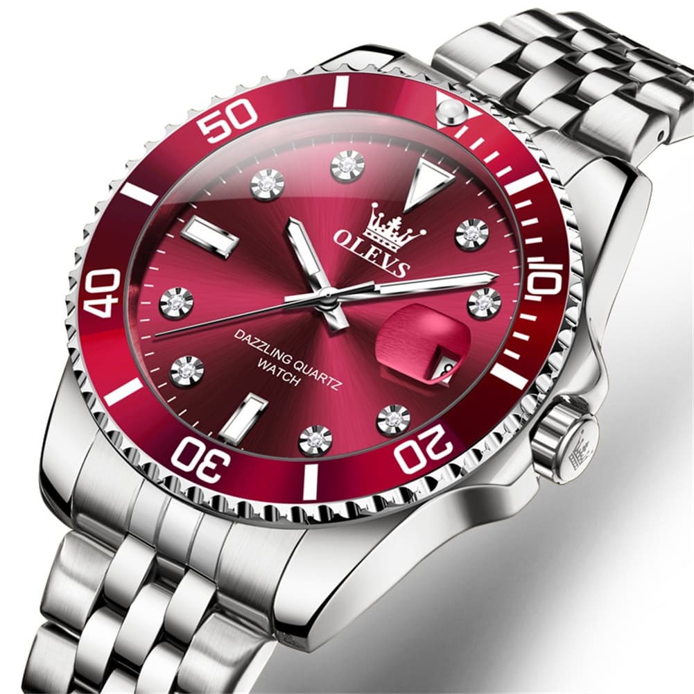 OLEVS 9809 Rotating Bezel Diamond Dial Stainless Steel Quartz Watch for Men - Silver Red Watch | Olevs Watch Store