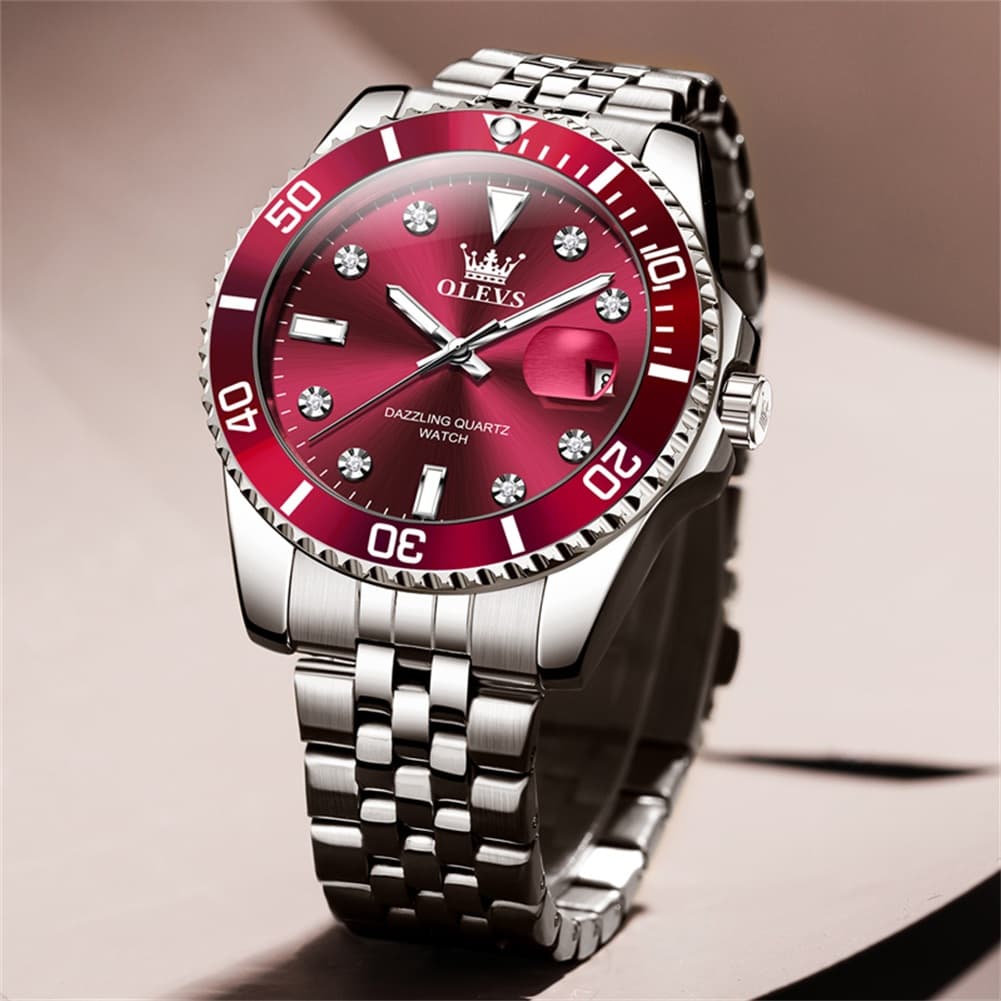 OLEVS 9809 Rotating Bezel Diamond Dial Stainless Steel Quartz Watch for Men - Silver Red Watch | Olevs Watch Store