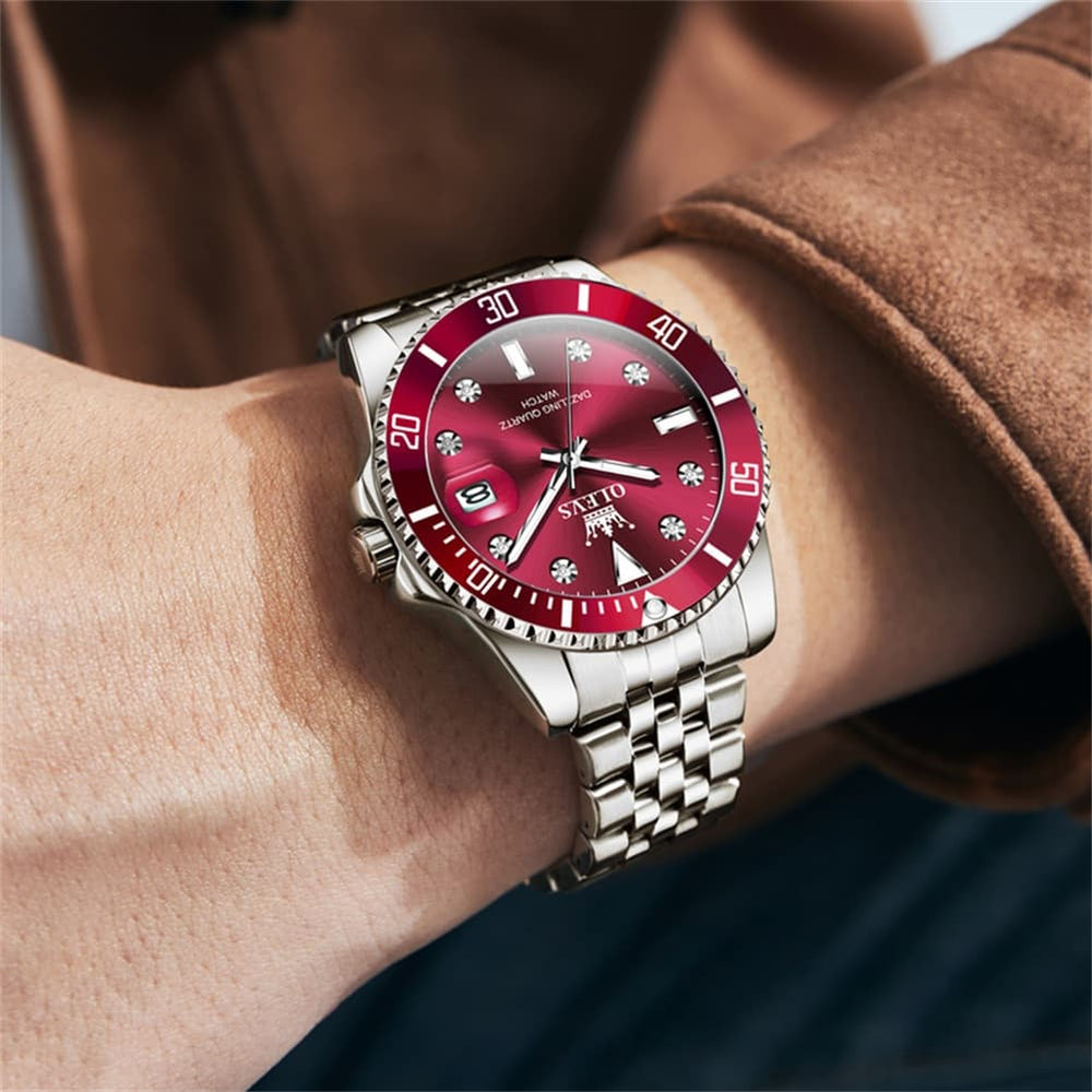 OLEVS 9809 Rotating Bezel Diamond Dial Stainless Steel Quartz Watch for Men - Silver Red Watch | Olevs Watch Store