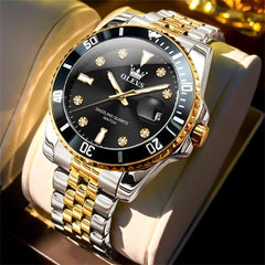 OLEVS 9809 Rotating Bezel Diamond Dial Stainless Steel Quartz Watch for Men - Two Tone Black Watch | Olevs Watch Store