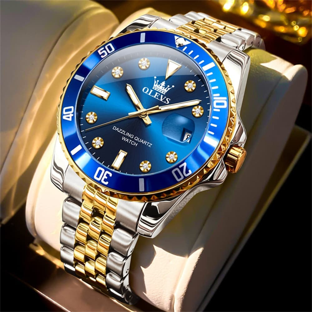 OLEVS 9809 Rotating Bezel Diamond Dial Stainless Steel Quartz Watch for Men - Two Tone Blue Watch | Olevs Watch Store