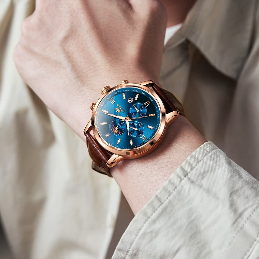 OLEVS 9812 Moon Phase Chronograph Leather Watch for Men - Rose Gold Black Watch | Olevs Watch Store