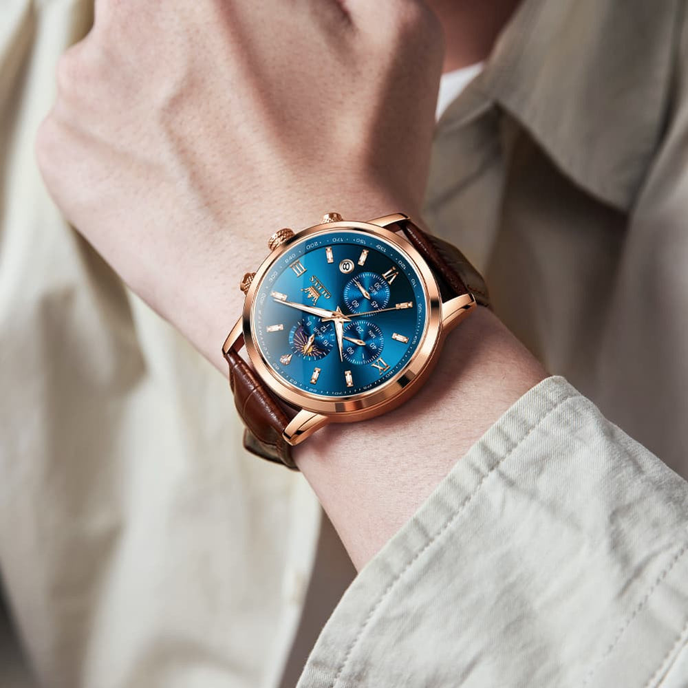 OLEVS 9812 Moon Phase Chronograph Leather Watch for Men - Rose Gold Black Watch | Olevs Watch Store