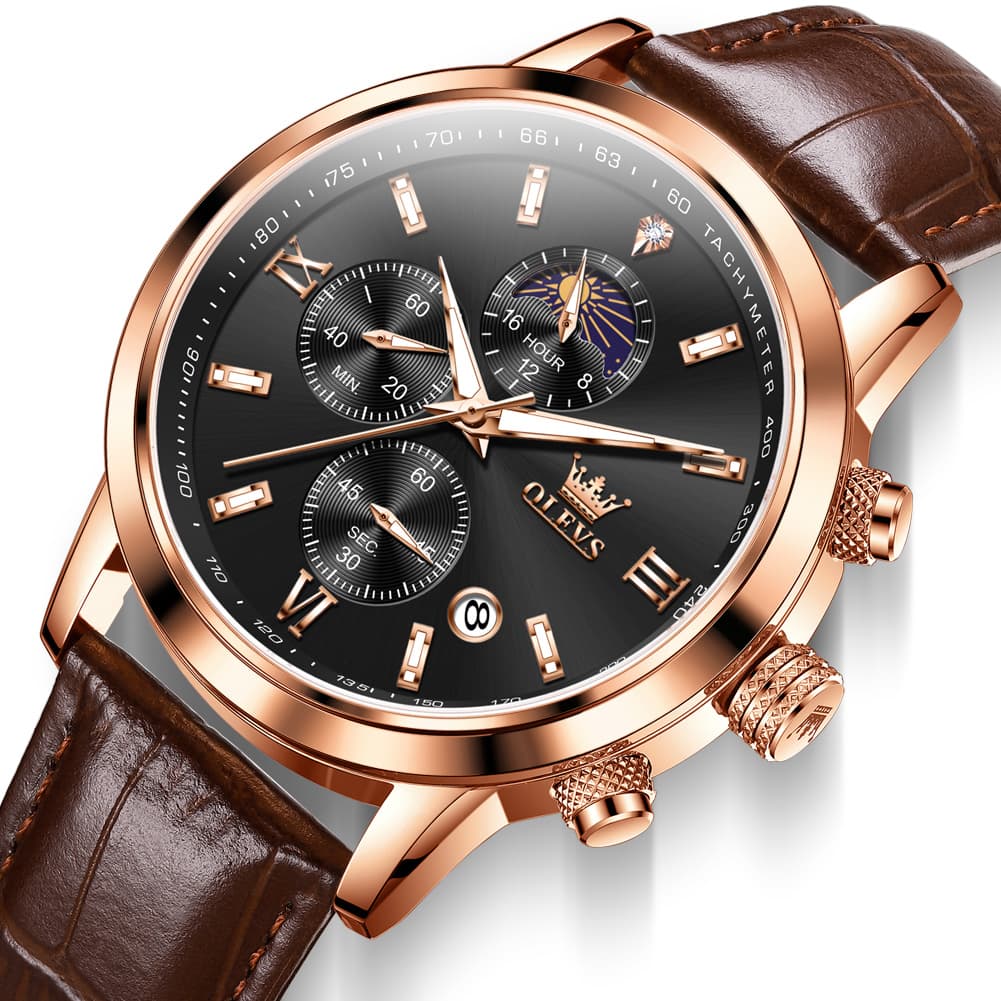 OLEVS 9812 Moon Phase Chronograph Leather Watch for Men - Rose Gold Black Watch | Olevs Watch Store