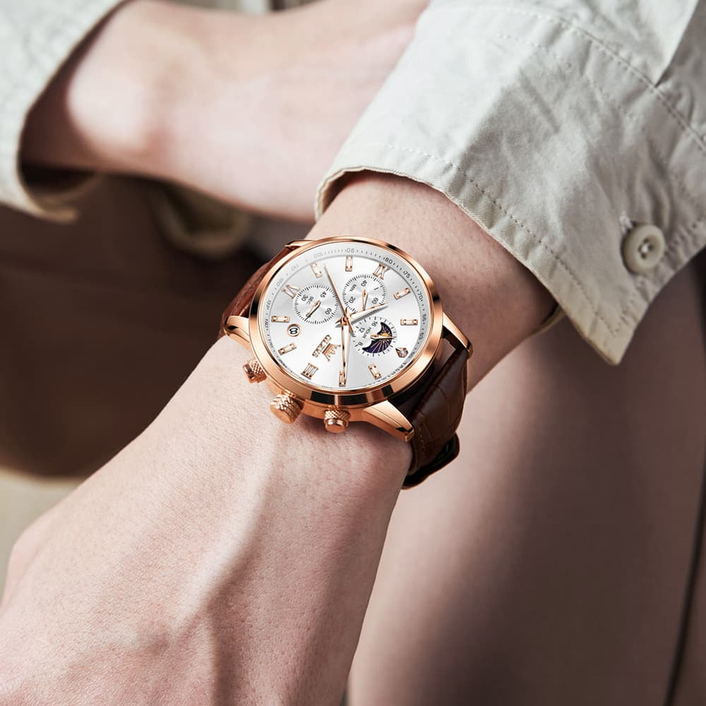 OLEVS 9812 Moon Phase Chronograph Leather Watch for Men - Rose Gold Black Watch | Olevs Watch Store