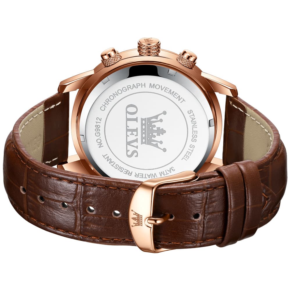OLEVS 9812 Moon Phase Chronograph Leather Watch for Men - Rose Gold Black Watch | Olevs Watch Store
