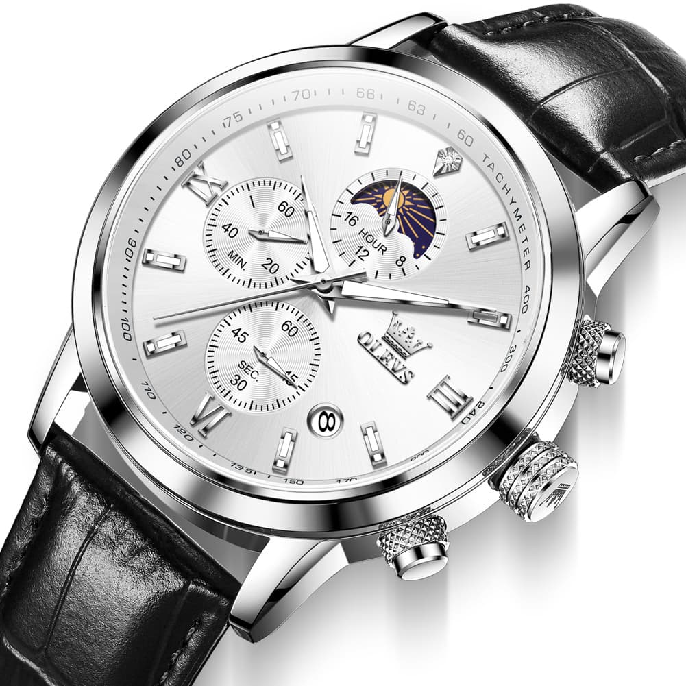 OLEVS 9812 Moon Phase Chronograph Leather Watch for Men - Rose Gold Black Watch | Olevs Watch Store