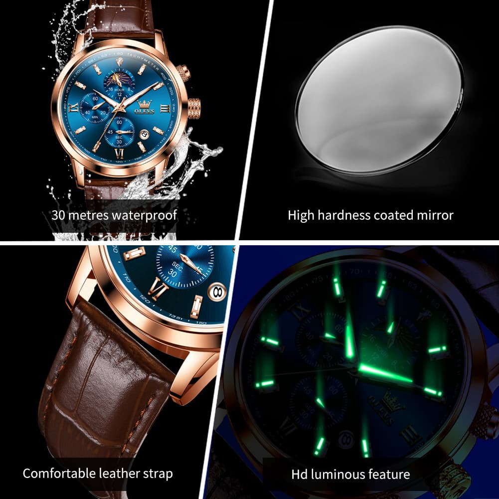 OLEVS 9812 Moon Phase Chronograph Leather Watch for Men - Rose Gold Black Watch | Olevs Watch Store