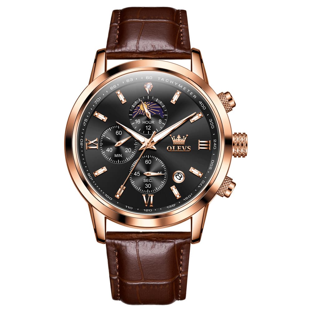 OLEVS 9812 Moon Phase Chronograph Leather Watch for Men - Rose Gold Black Watch | Olevs Watch Store