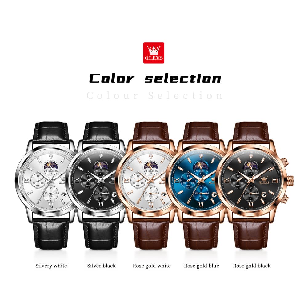 OLEVS 9812 Moon Phase Chronograph Leather Watch for Men - Rose Gold Black Watch | Olevs Watch Store