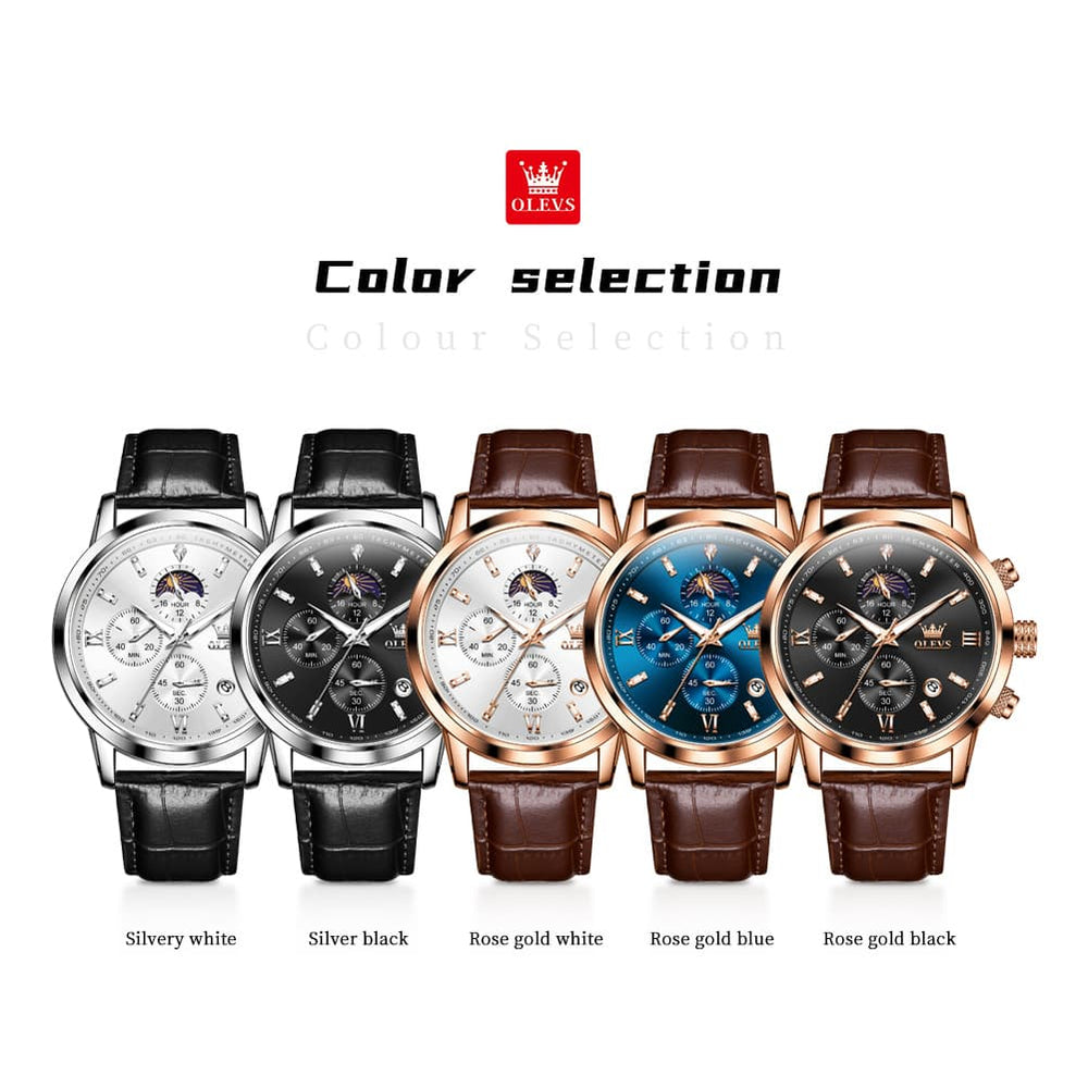 OLEVS 9812 Moon Phase Chronograph Leather Watch for Men - Rose Gold Black Watch | Olevs Watch Store
