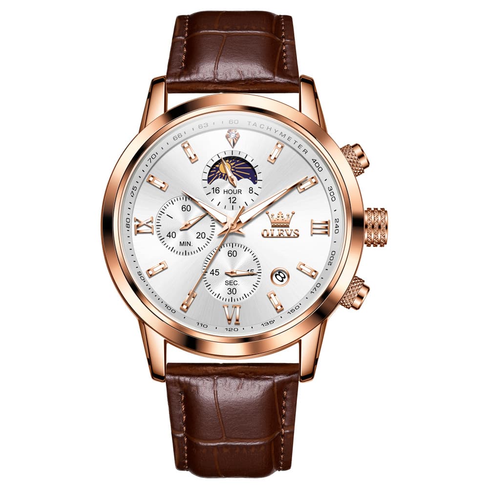 OLEVS 9812 Moon Phase Chronograph Leather Watch for Men - Rose Gold Black Watch | Olevs Watch Store