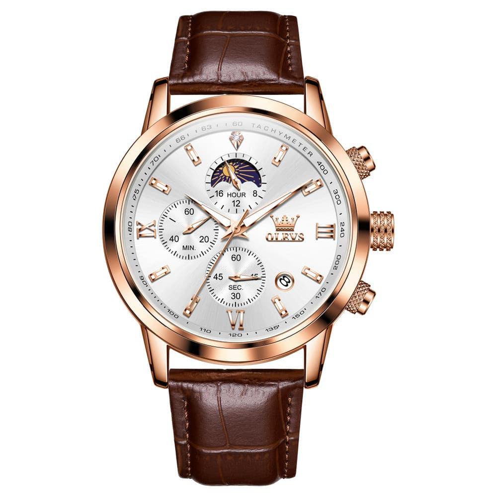 OLEVS 9812 Moon Phase Chronograph Leather Watch for Men - Rose Gold Black Watch | Olevs Watch Store