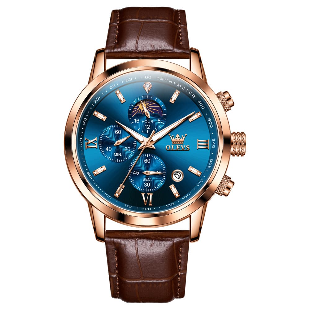 OLEVS 9812 Moon Phase Chronograph Leather Watch for Men - Rose Gold Black Watch | Olevs Watch Store
