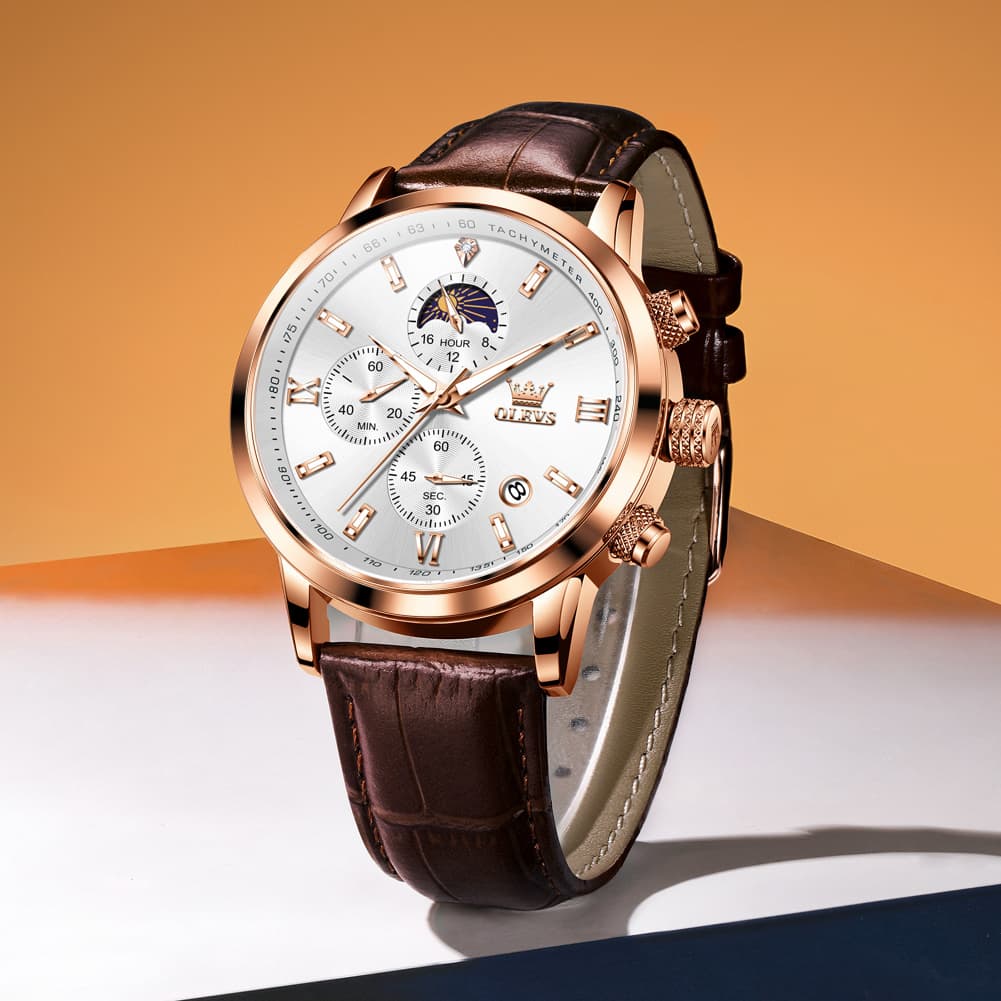 OLEVS 9812 Moon Phase Chronograph Leather Watch for Men - Rose Gold Black Watch | Olevs Watch Store