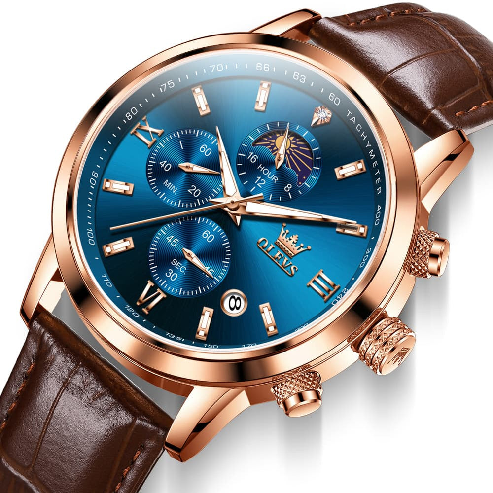 OLEVS 9812 Moon Phase Chronograph Leather Watch for Men - Rose Gold Black Watch | Olevs Watch Store