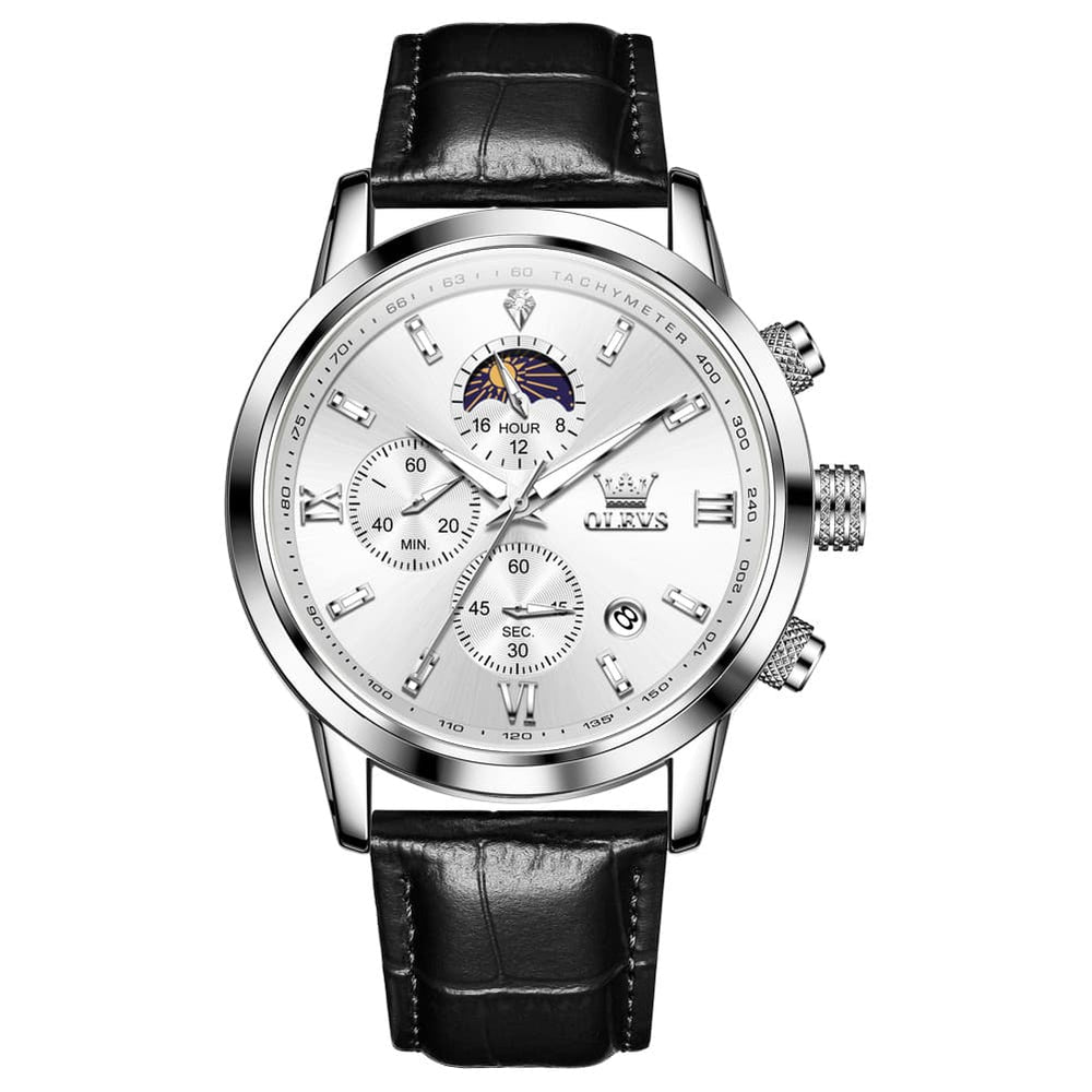 OLEVS 9812 Moon Phase Chronograph Leather Watch for Men - Rose Gold Black Watch | Olevs Watch Store