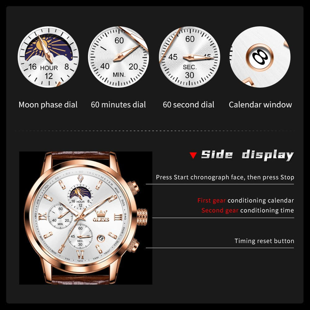 OLEVS 9812 Moon Phase Chronograph Leather Watch for Men - Rose Gold Black Watch | Olevs Watch Store