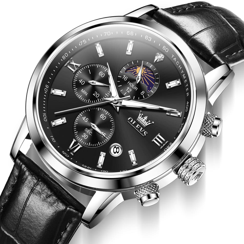 OLEVS 9812 Moon Phase Chronograph Leather Watch for Men - Rose Gold Black Watch | Olevs Watch Store