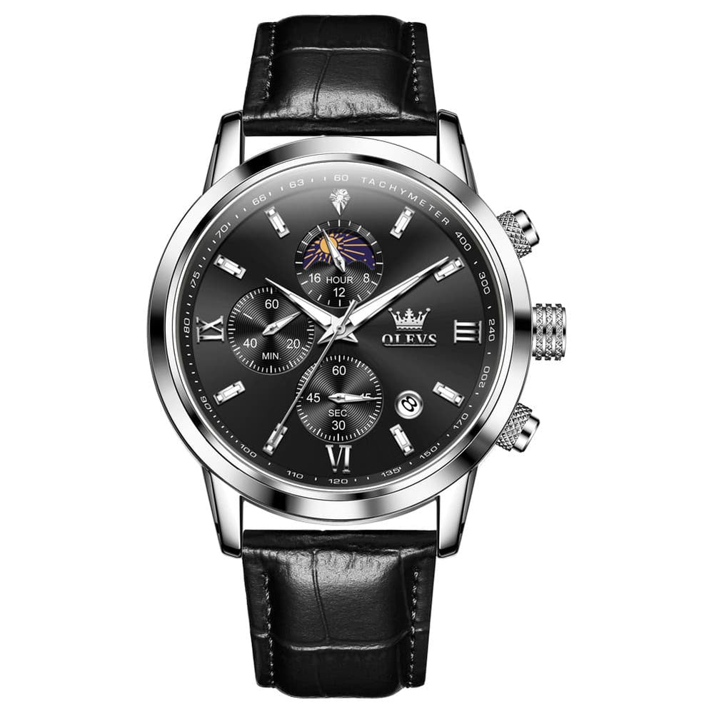 OLEVS 9812 Moon Phase Chronograph Leather Watch for Men - Rose Gold Black Watch | Olevs Watch Store