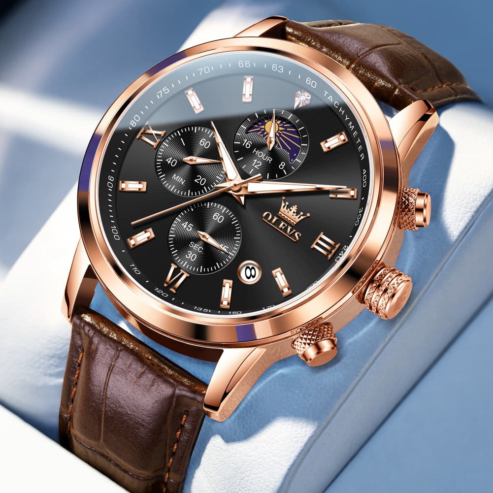 OLEVS 9812 Moon Phase Chronograph Leather Watch for Men - Rose Gold Black Watch | Olevs Watch Store