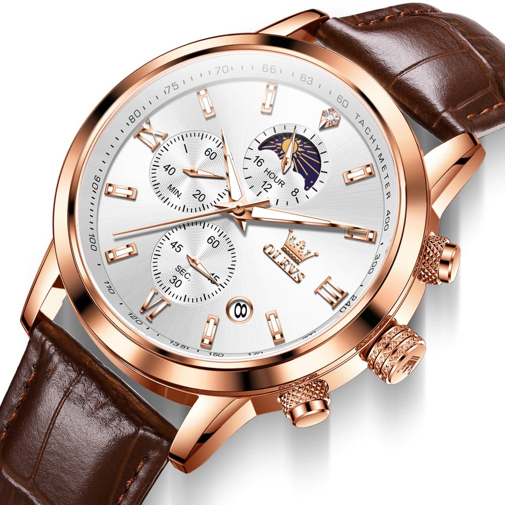 OLEVS 9812 Moon Phase Chronograph Leather Watch for Men - Rose Gold Black Watch | Olevs Watch Store