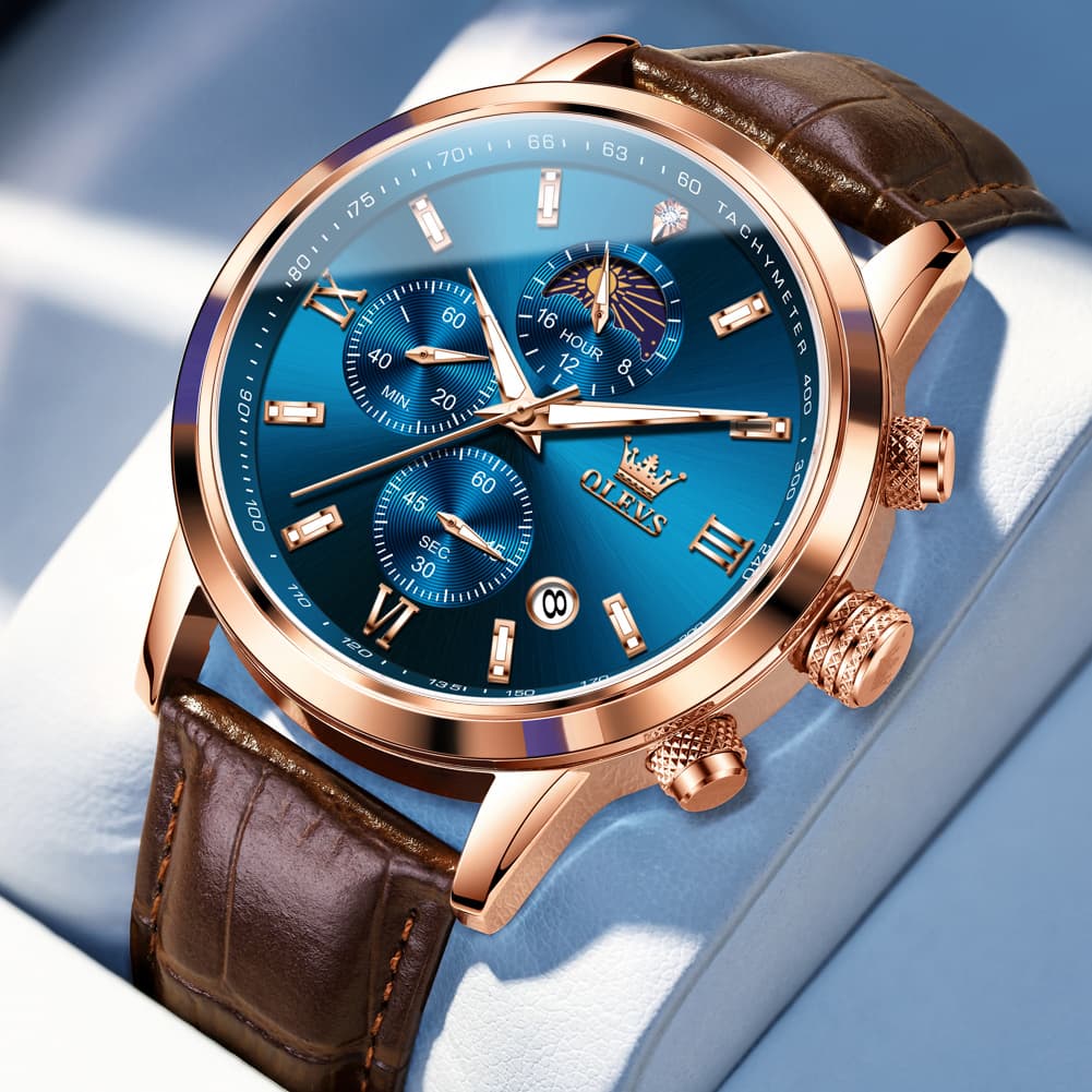 OLEVS 9812 Moon Phase Chronograph Leather Watch for Men - Rose Gold Blue Watch | Olevs Watch Store