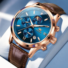 OLEVS 9812 Moon Phase Chronograph Leather Watch for Men - Rose Gold Blue Watch | Olevs Watch Store