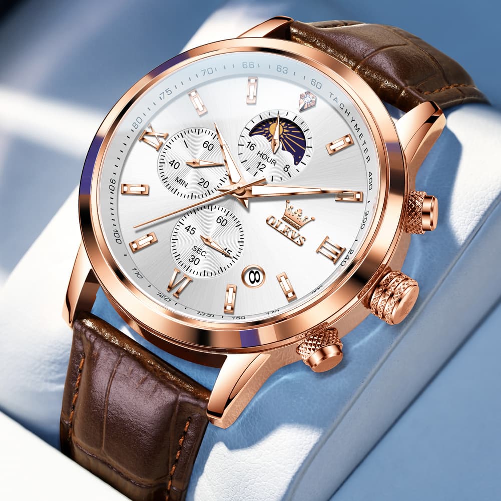 OLEVS 9812 Moon Phase Chronograph Leather Watch for Men - Rose Gold White Watch | Olevs Watch Store