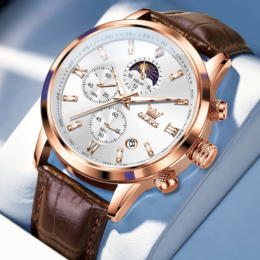 OLEVS 9812 Moon Phase Chronograph Leather Watch for Men - Rose Gold White Watch | Olevs Watch Store