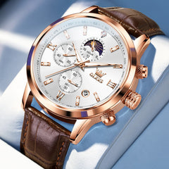 OLEVS 9812 Moon Phase Chronograph Leather Watch for Men - Rose Gold White Watch | Olevs Watch Store