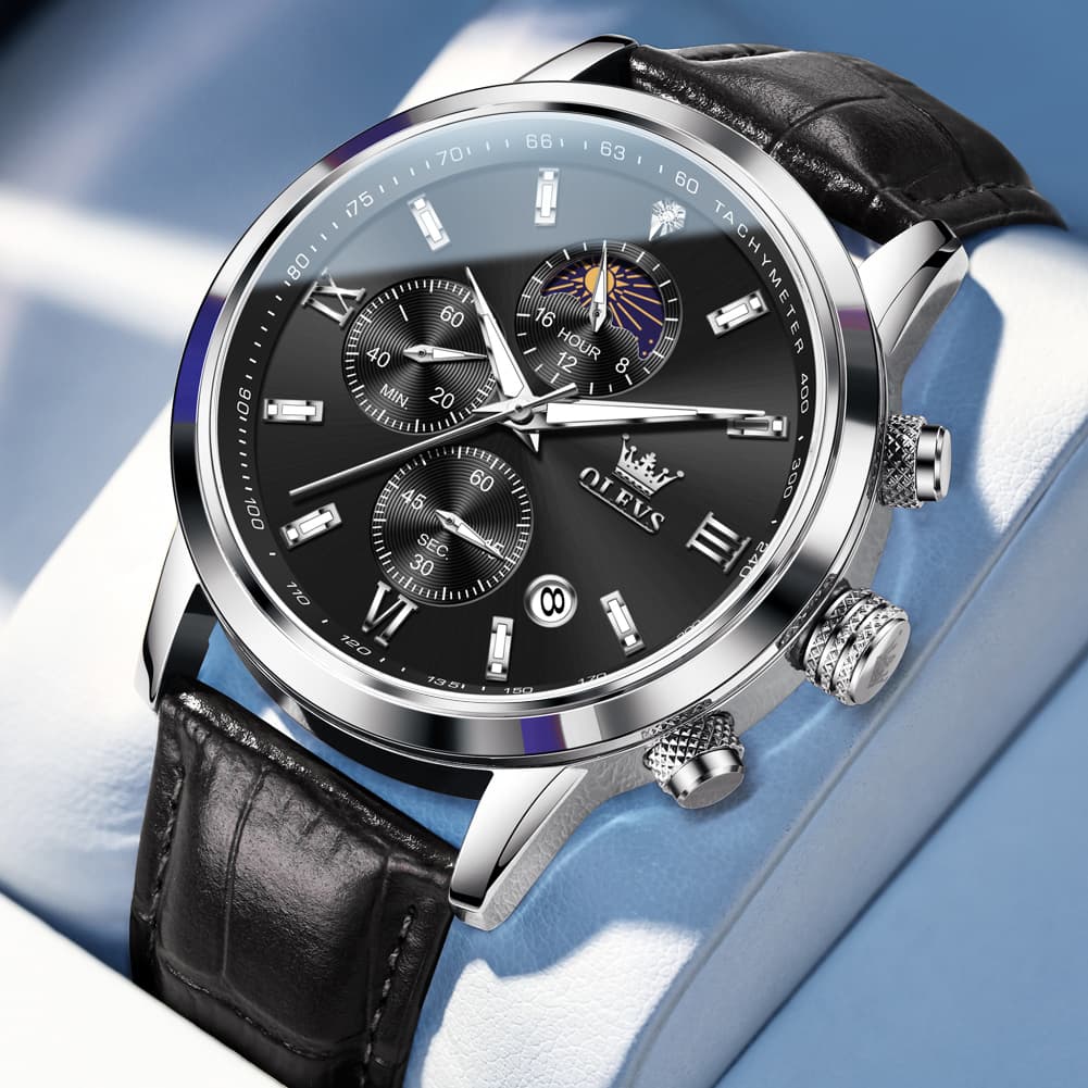 OLEVS 9812 Moon Phase Chronograph Leather Watch for Men - Silver Black Watch | Olevs Watch Store