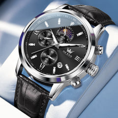OLEVS 9812 Moon Phase Chronograph Leather Watch for Men - Silver Black Watch | Olevs Watch Store