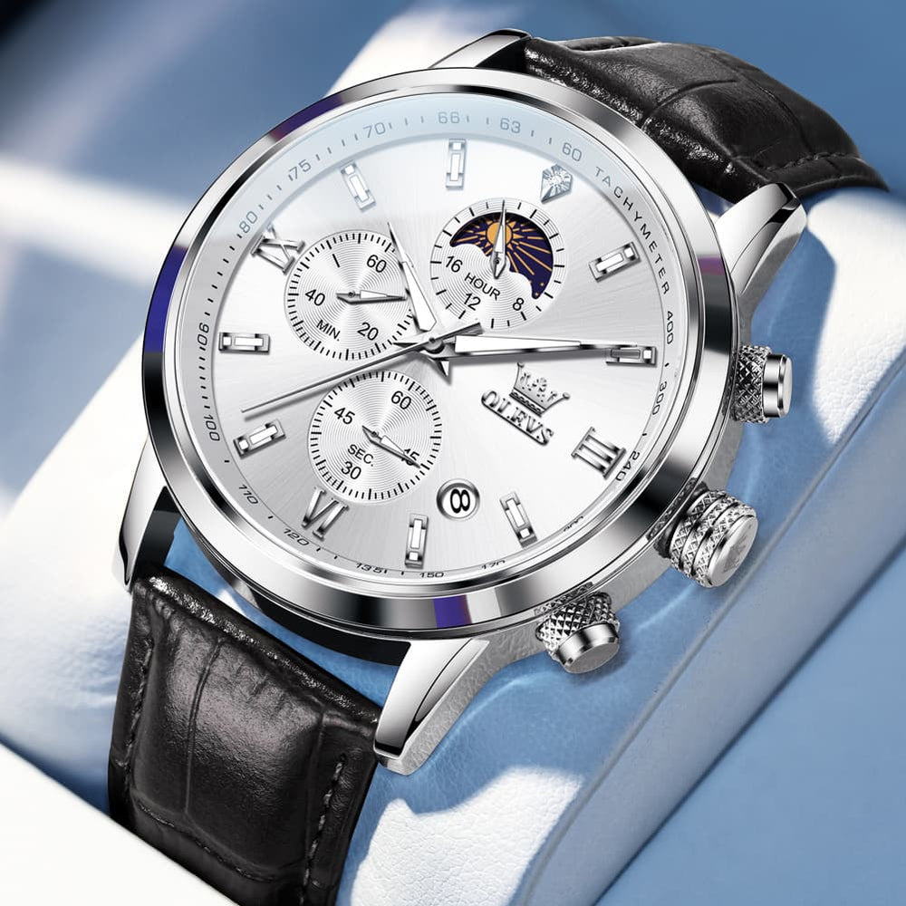 OLEVS 9812 Moon Phase Chronograph Leather Watch for Men - Silvery White Watch | Olevs Watch Store
