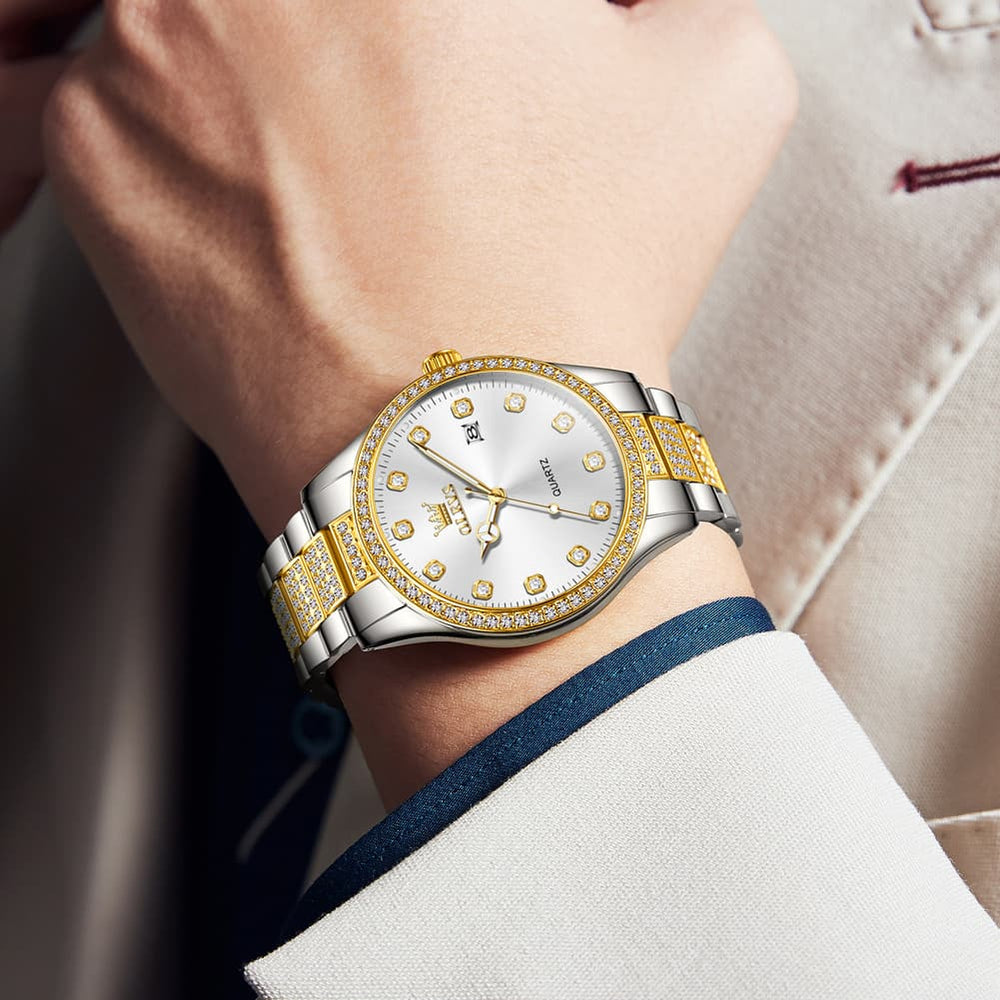 OLEVS 9905 Diamond Bezel Luxury Dress Quartz Watch for Men - All Gold Watch | Olevs Watch Store