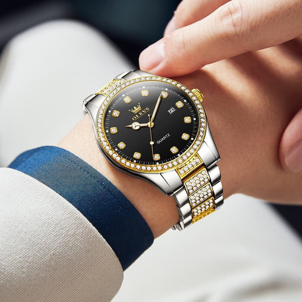 OLEVS 9905 Diamond Bezel Luxury Dress Quartz Watch for Men - All Gold Watch | Olevs Watch Store