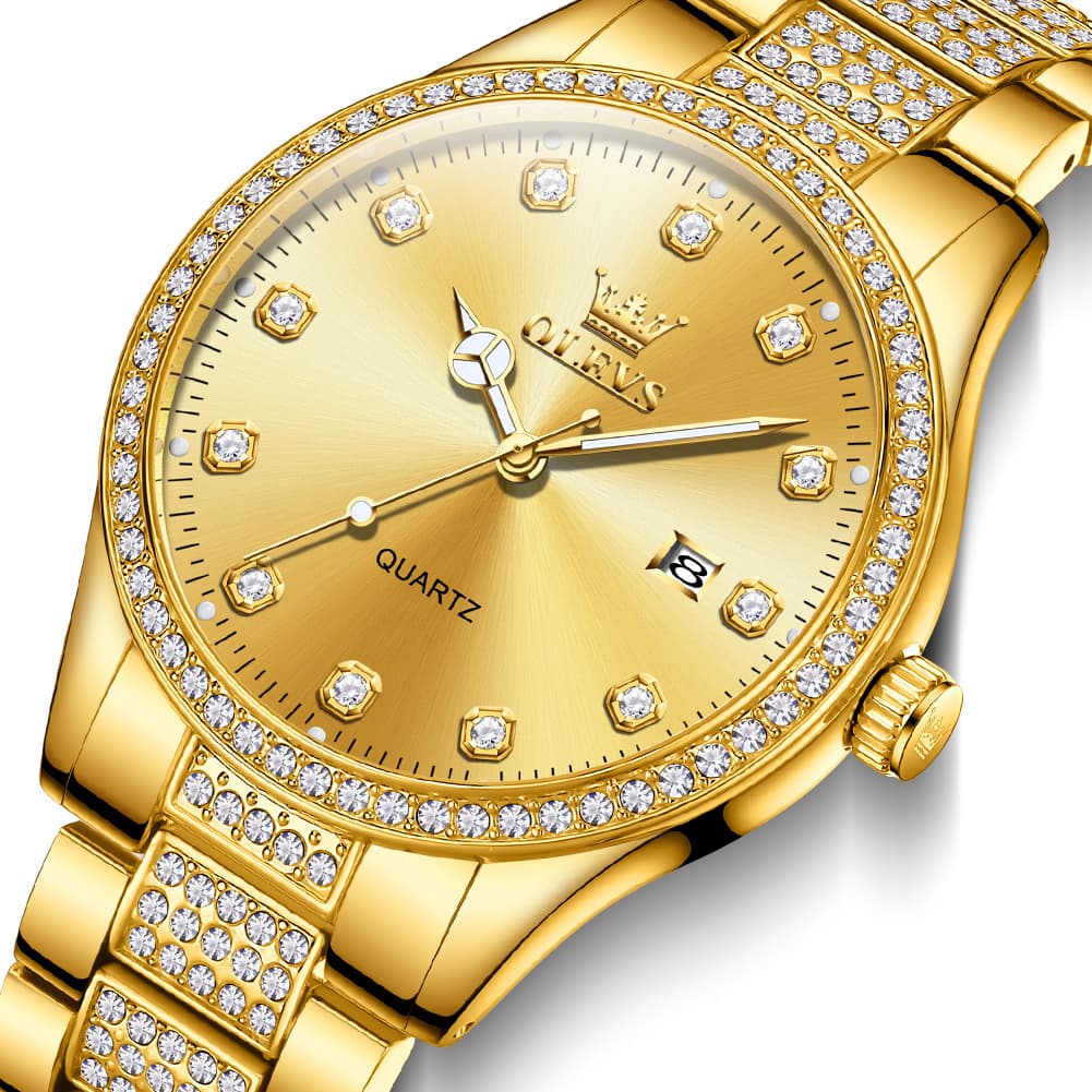 OLEVS 9905 Diamond Bezel Luxury Dress Quartz Watch for Men - All Gold Watch | Olevs Watch Store