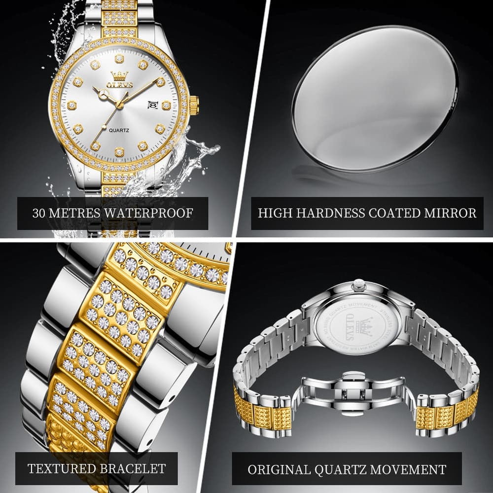 OLEVS 9905 Diamond Bezel Luxury Dress Quartz Watch for Men - All Gold Watch | Olevs Watch Store