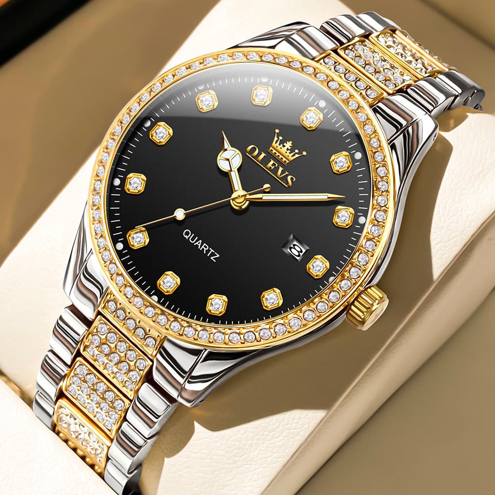 OLEVS 9905 Diamond Bezel Luxury Dress Quartz Watch for Men - Two Tone Gold Black Watch | Olevs Watch Store