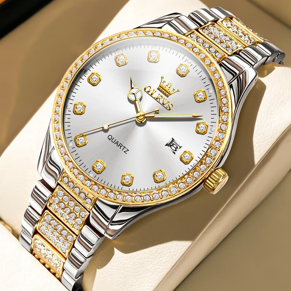 OLEVS 9905 Diamond Bezel Luxury Dress Quartz Watch for Men - Two Tone Gold White Watch | Olevs Watch Store
