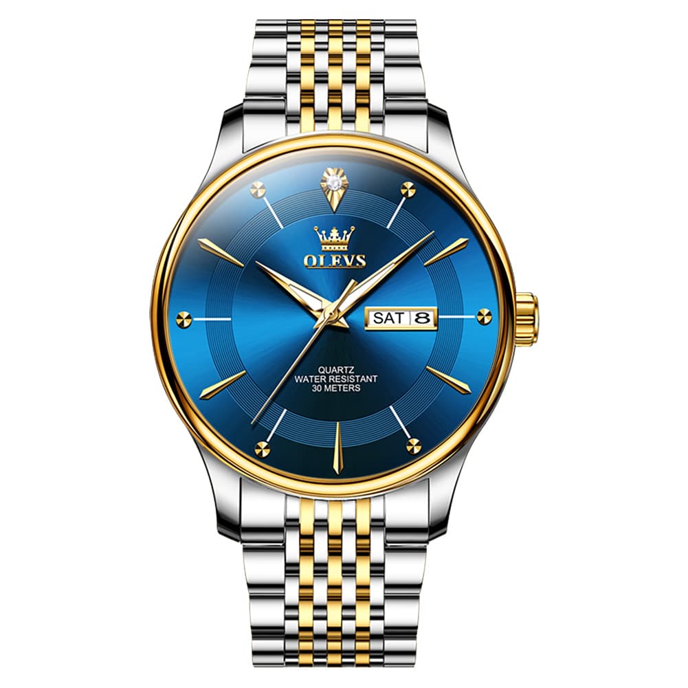 OLEVS 9908 Diamond Accent Day Date Quartz Watch for Men - Brown Leather Gold Dial Watch | Olevs Watch Store