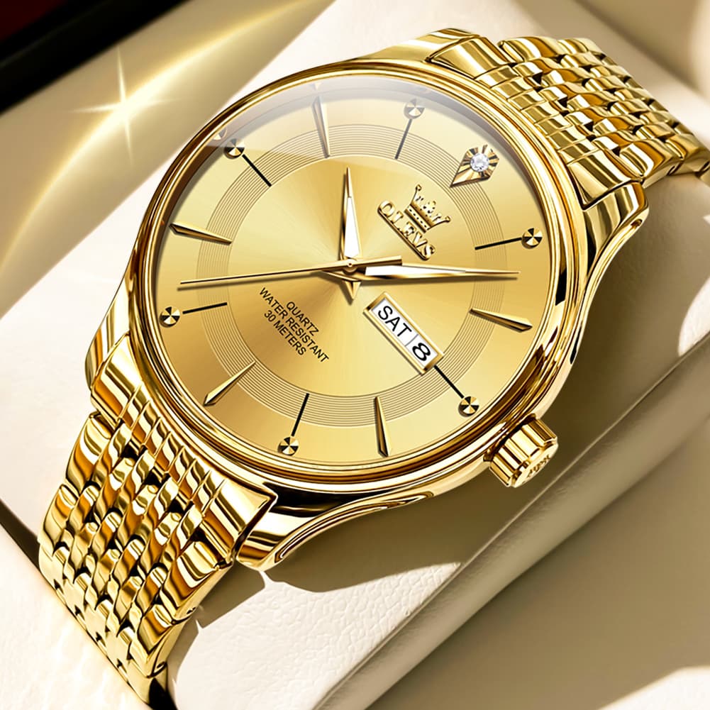 OLEVS 9908 Diamond Accent Day Date Quartz Watch for Men - All Gold Steel Watch | Olevs Watch Store