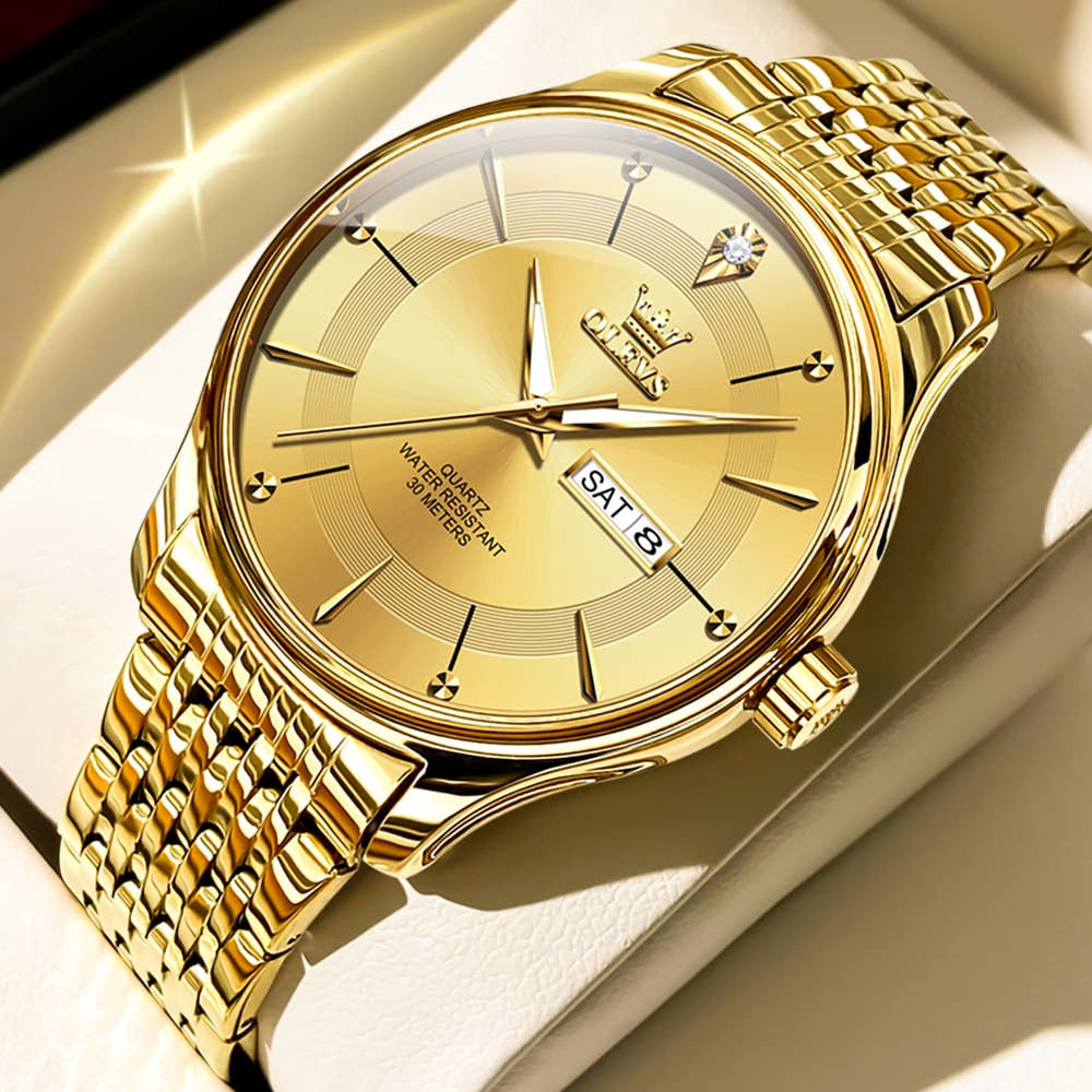 OLEVS 9908 Diamond Accent Day Date Quartz Watch for Men - All Gold Steel Watch | Olevs Watch Store