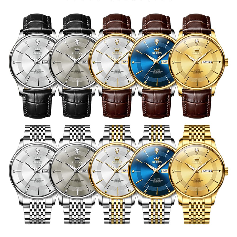 OLEVS 9908 Diamond Accent Day Date Quartz Watch for Men - Brown Leather Gold Dial Watch | Olevs Watch Store