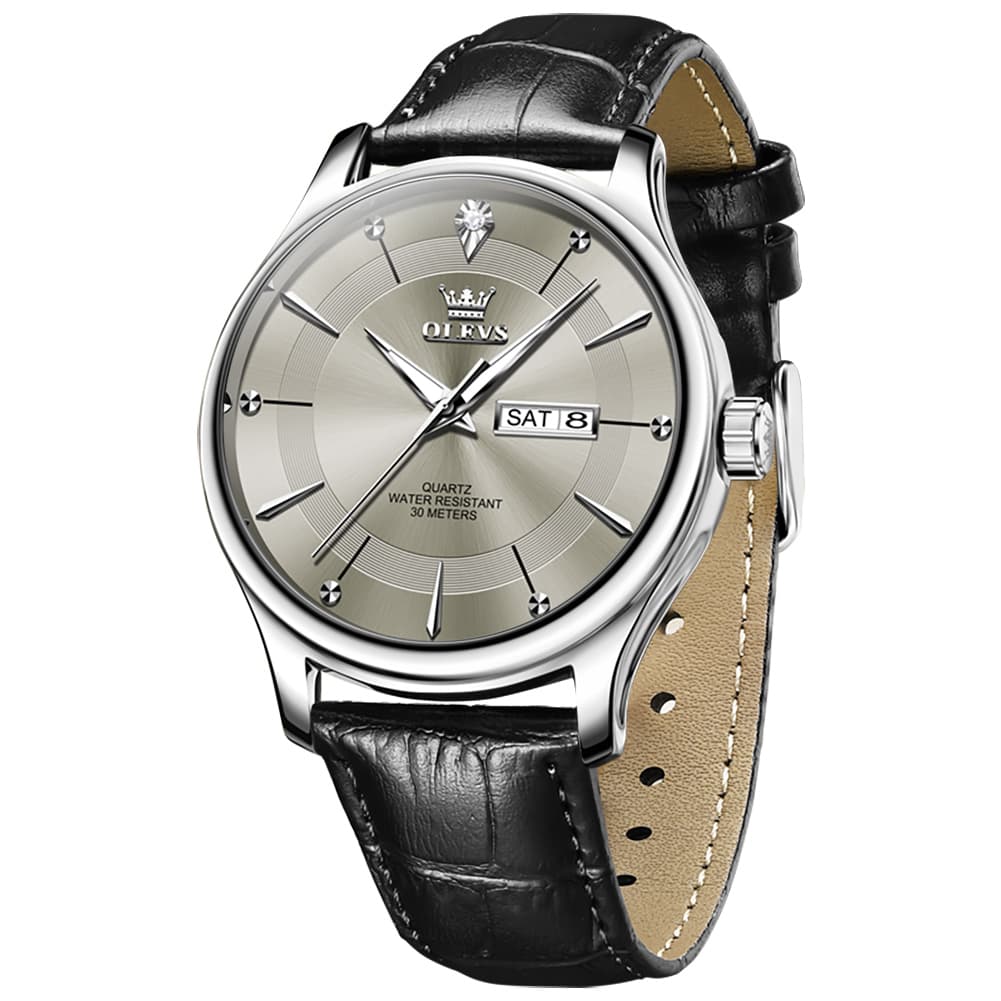 OLEVS 9908 Diamond Accent Day Date Quartz Watch for Men - Brown Leather Gold Dial Watch | Olevs Watch Store