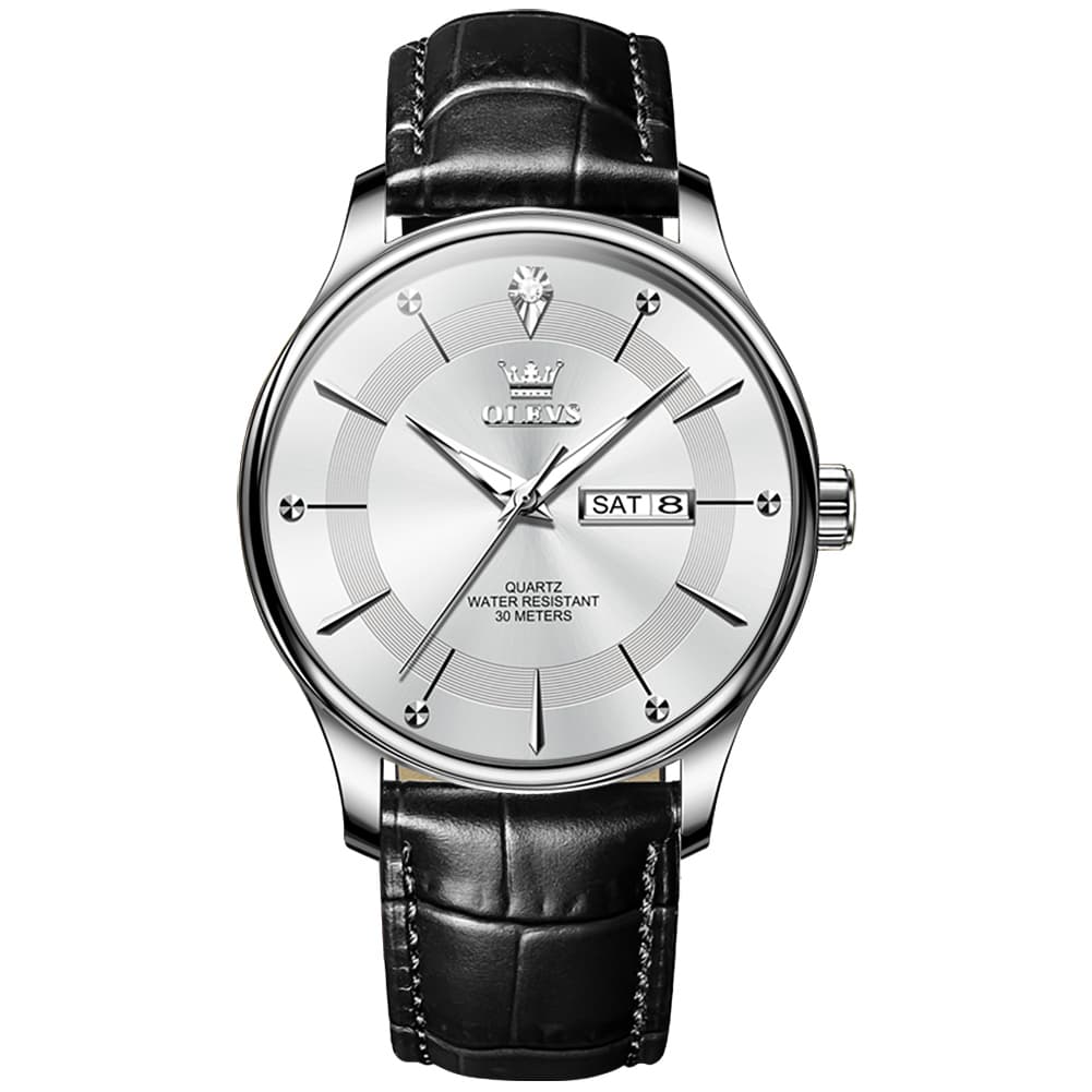 OLEVS 9908 Diamond Accent Day Date Quartz Watch for Men - Black Leather White Dial Watch | Olevs Watch Store